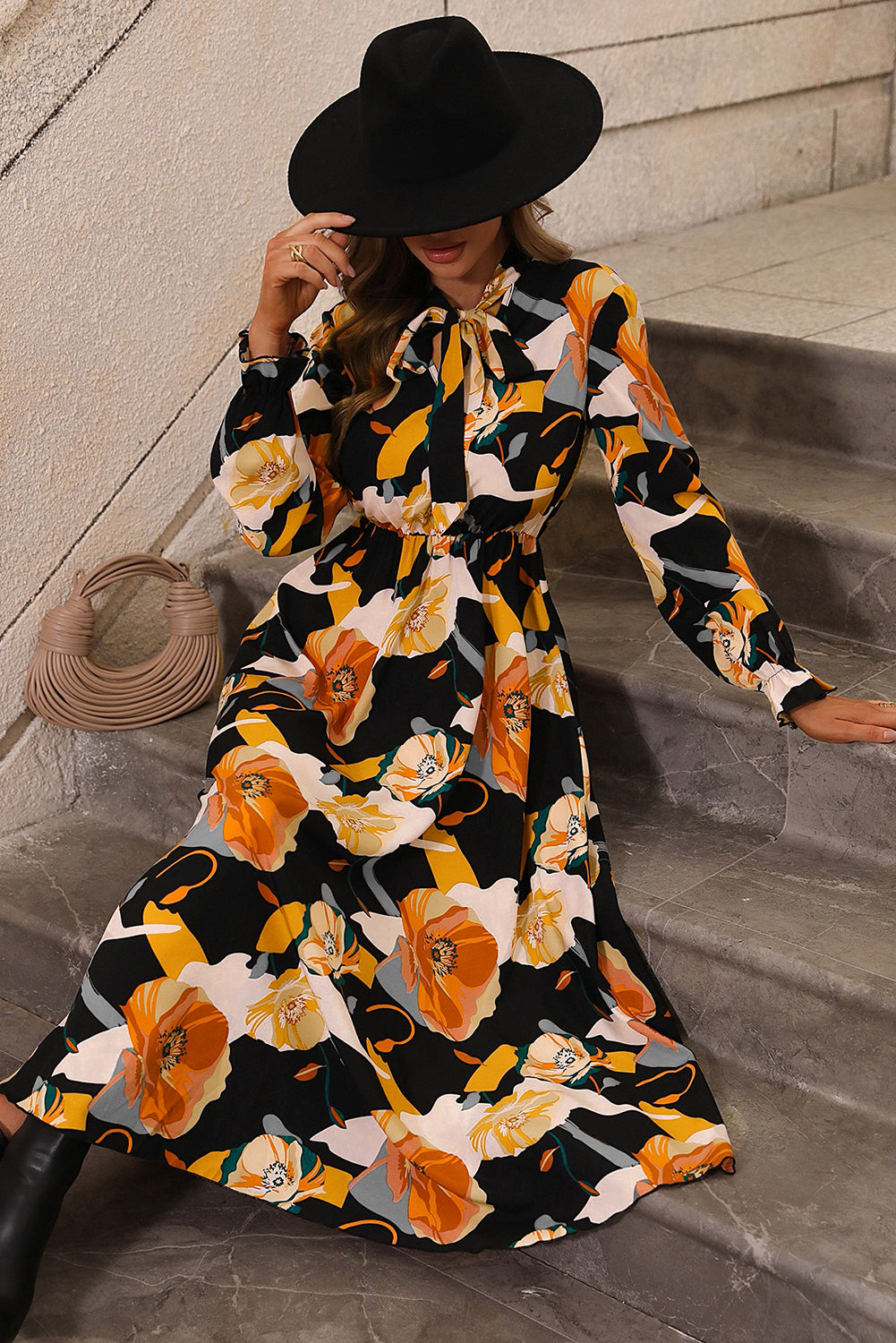 Orange Floral Print Tie Neck Long Sleeve Dress