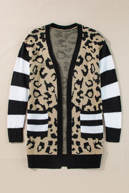 Black Stripe Sleeve Leopard Print Open Front Cardigan With Pockets