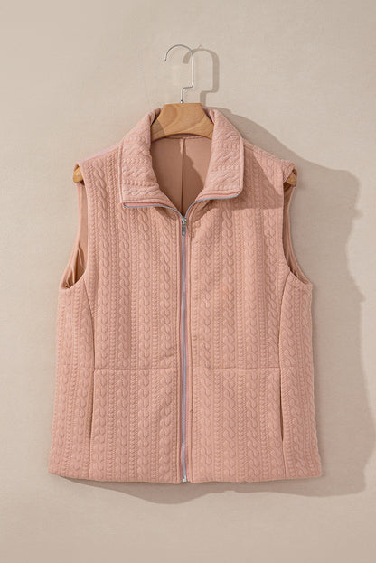 Pale Chestnut Cable Textured Zip Up Vest Jacket