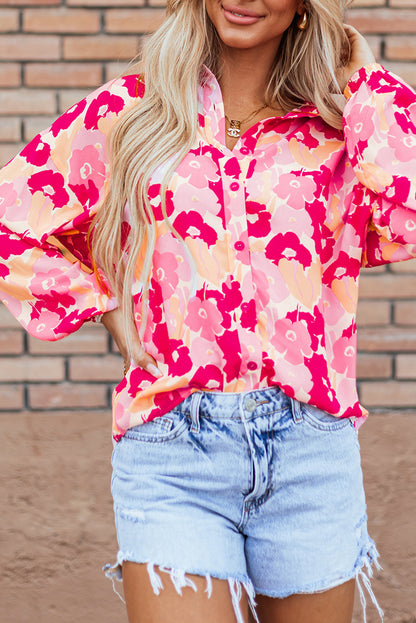 Pink Blooming Floral Print Puff Sleeve Buttoned Shirt