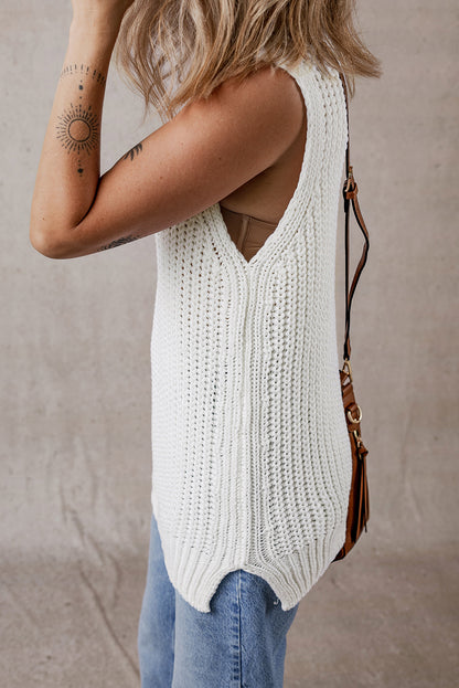 White Turtleneck Knitted Slit Hem Sweater Vest