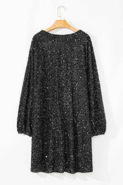 Color black Plus Size Bubble Sleeve V Neck Sequin Dress