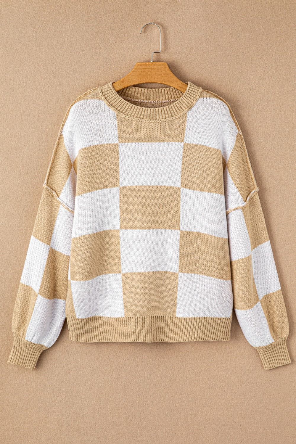 Checkered Exposed Seam Drooped Shoulder Sweater