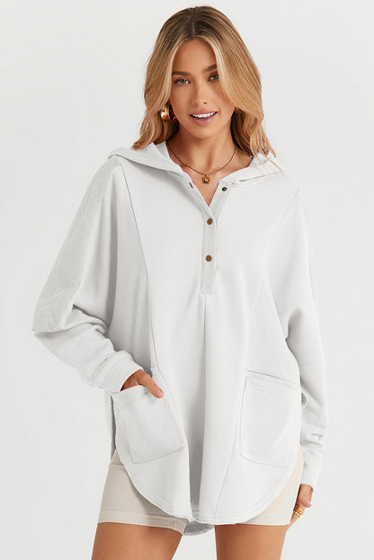 White Patchwork Side Pockets Oversized Henley Hoodie