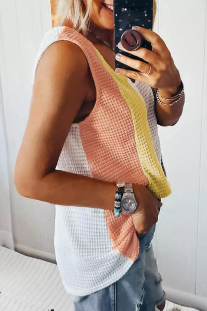 Multicolor Color Block V-Neck Waffle Knit Tank Top