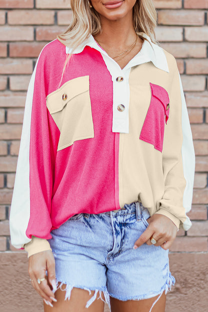 Rose Red Colorblock Ribbed Collared Oversized Sweatshirt