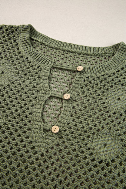 Vineyard Green Open Knit Buttoned Neck Split Sleeve Sweater