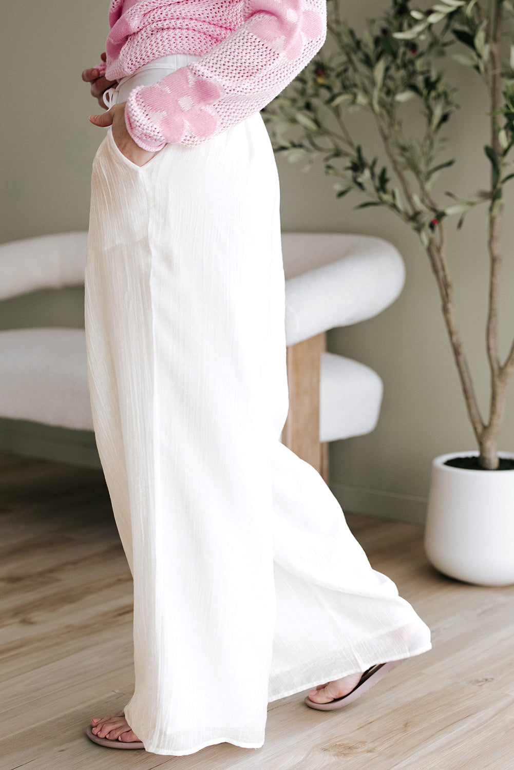 White Casual Tie Waist Pleated Wide Leg Pants