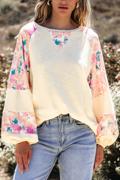 Apricot Textured Floral Patchwork Balloon Sleeve Blouse