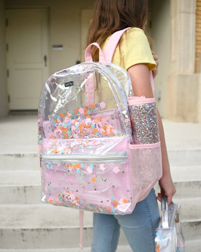 Pink Flower Glitter Confetti Clear Backpack