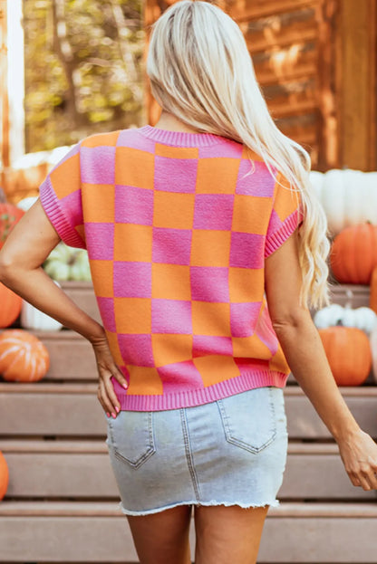 Checkered Round Neck Short Sleeve Sweater