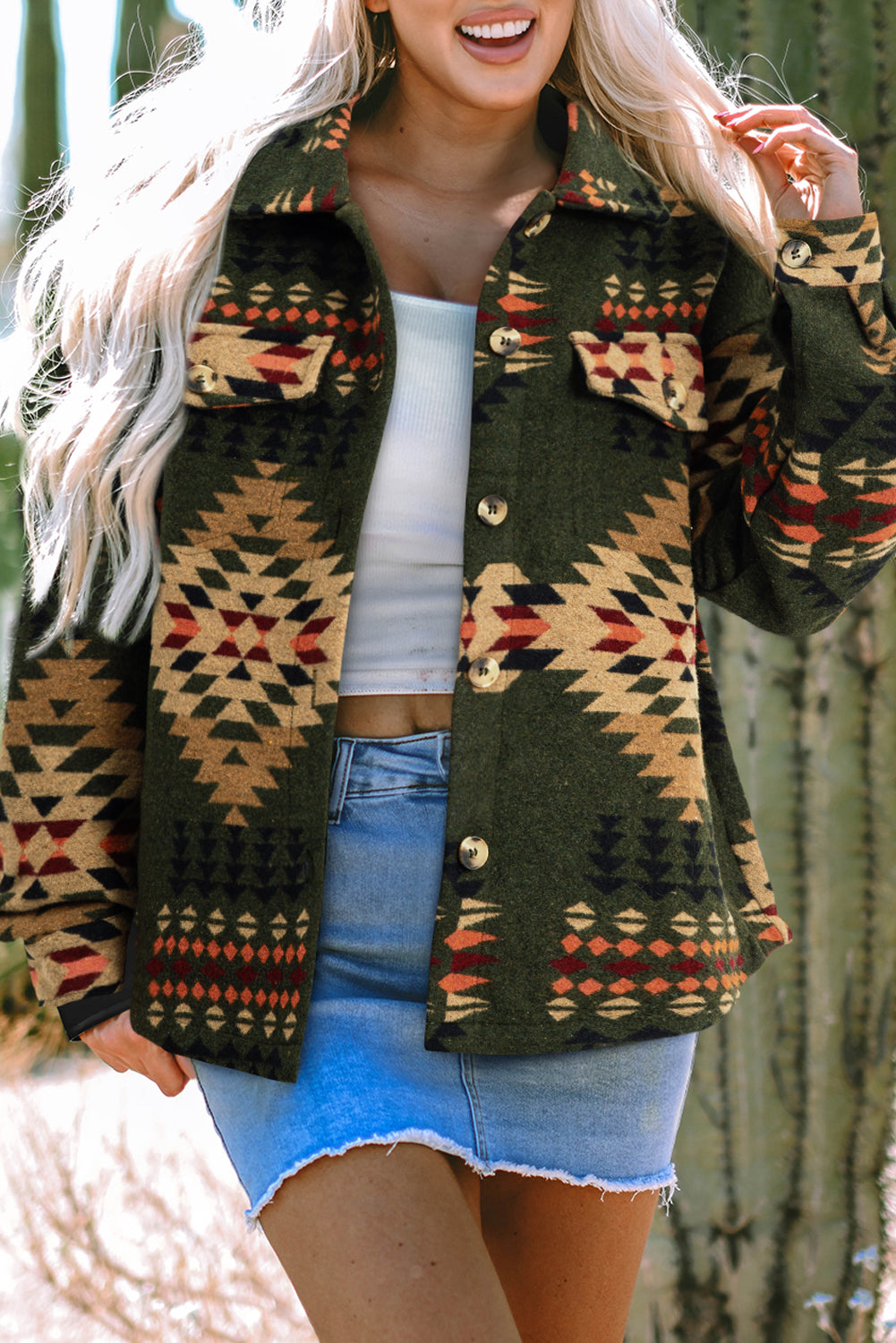 Green Aztec Print Flap Pockets Long Sleeve Shacket