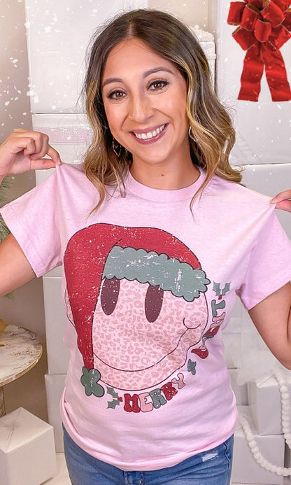 Smiley Leopard Merry and Bright Graphic T-Shirt