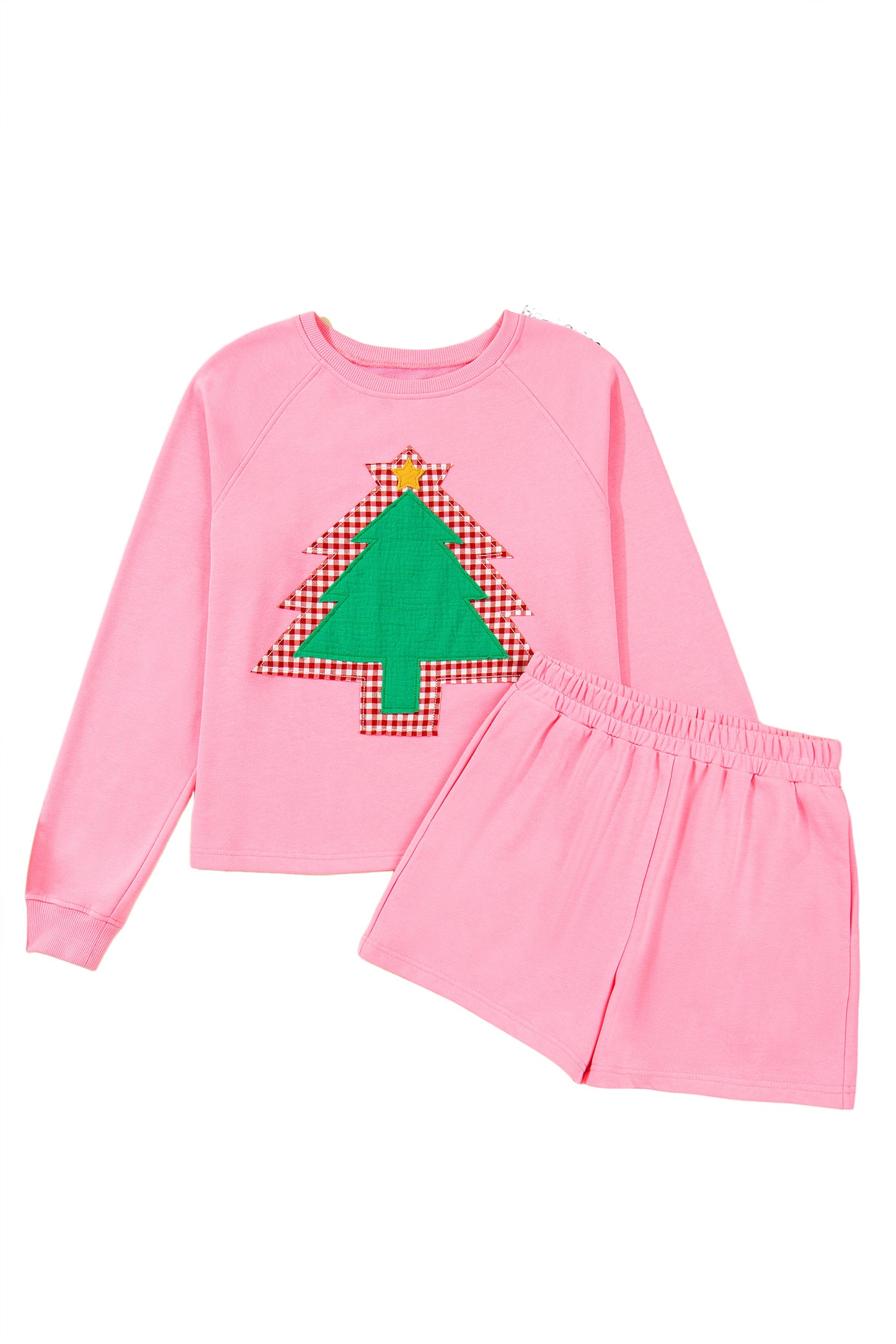 Sachet Pink Plaid Contrasted Double Christmas Tree Patched Raglan Sleeve Pullover 2pcs Short Set