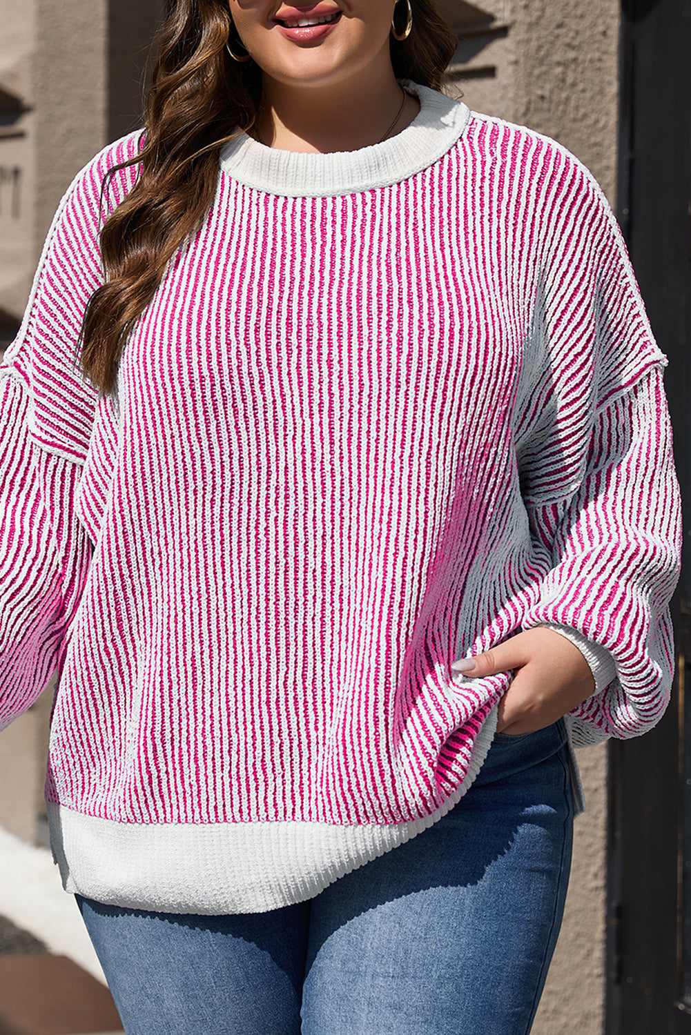 Bright Pink Striped Textured Knit Contrast Edge Loose Sweater