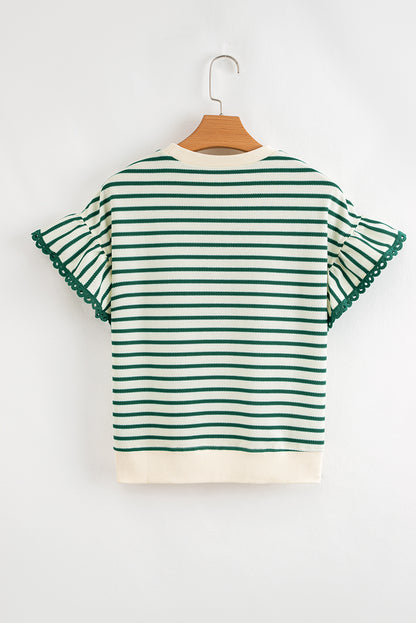 Green Stripe Scallop Lace Trim Ruffle Short Sleeves Crewneck Top