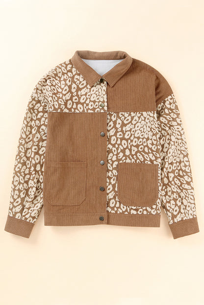 Brown Leopard Print Corduroy Long Sleeve Jacket