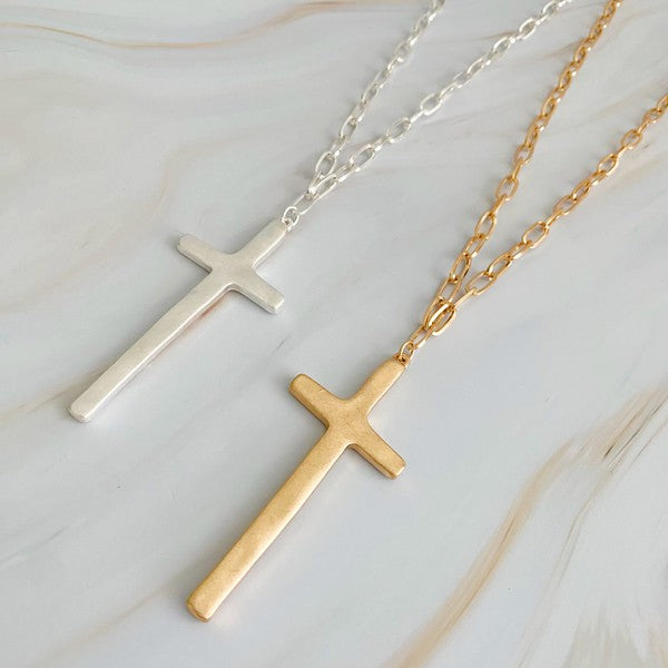 Hammered Cross Long Chain Necklace