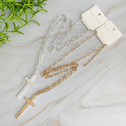 Hammered Cross Long Chain Necklace