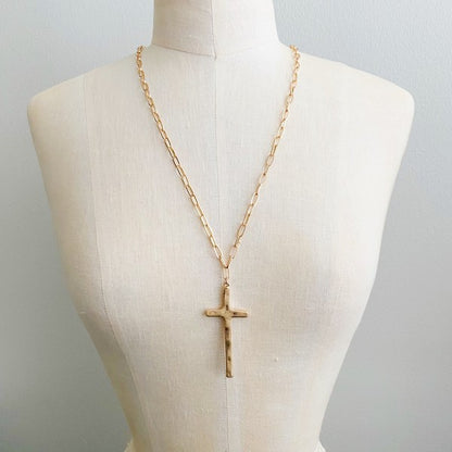 Hammered Cross Long Chain Necklace