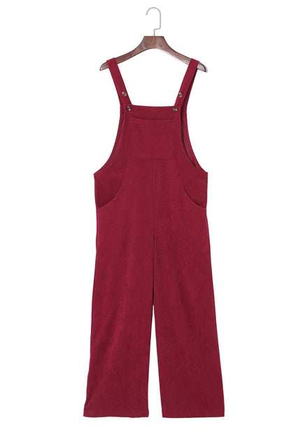 Fiery Red Solid Color Corduroy Wide Leg Bib Overalls