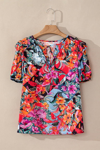 Multicolour Floral Print Ruffle Trim Bubble Sleeve Split Neck Blouse