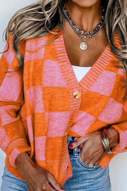 Checkered Button Up Long Sleeve Cardigan