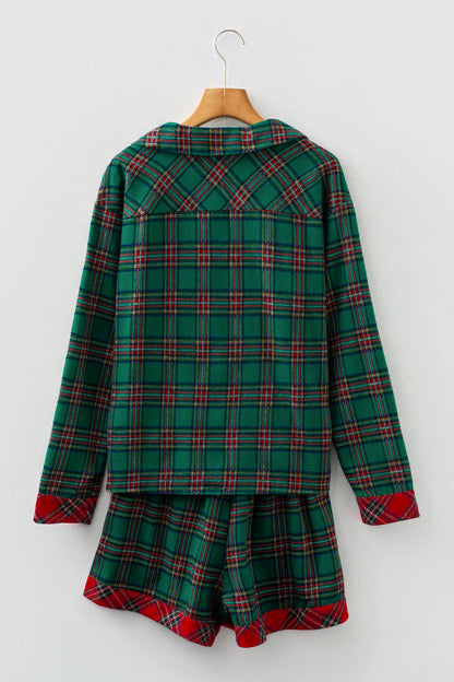Green Plaid Contrast Patched Christmas Holiday Long Sleeve Shirt and Short 2pcs Pajama Set