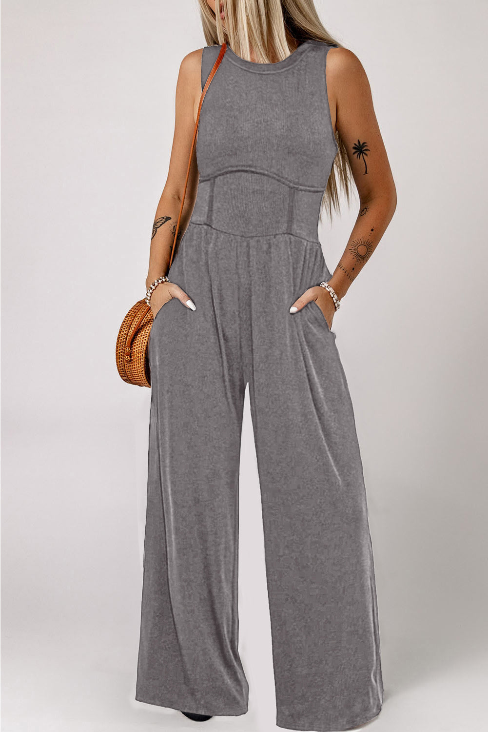 Medium Grey Cinched Waist Sleeveless Wide Leg Jumpsuit