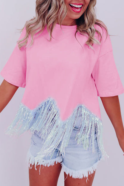 Pink Fringed Sequin Crop T-shirt