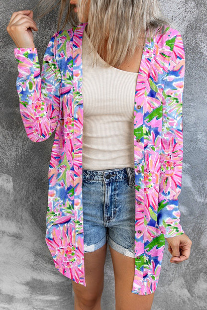 Pink Flower Print Long Sleeve Button Up Cardigan