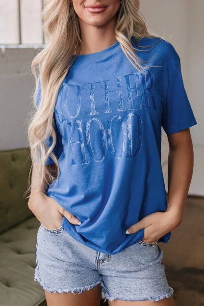 Sky Blue Vintage MOTHERHOOD Letter Graphic T Shirt