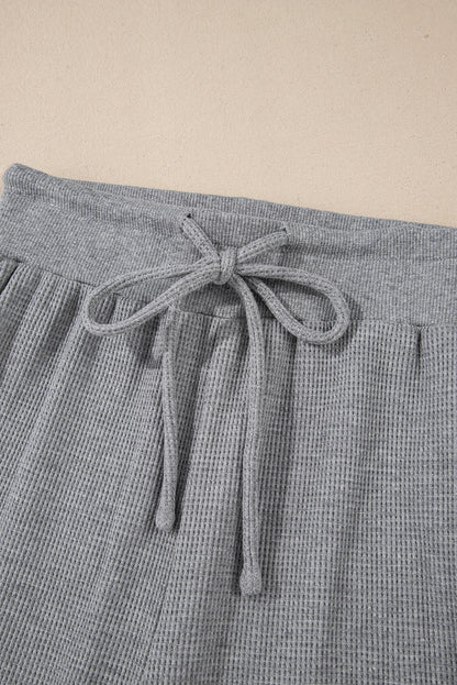 Gray Waffle Knit Drawstring High Waist Wide Leg Pants