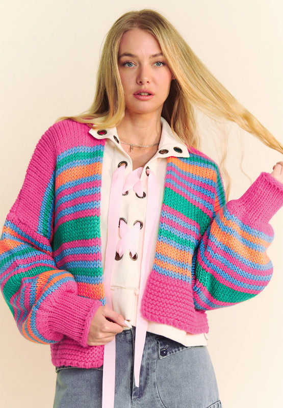 Contrast Striped Open Front Long Sleeve Cardigan