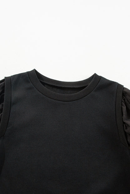 Black Solid Patchwork Sleeve Round Neck Sweatshirt