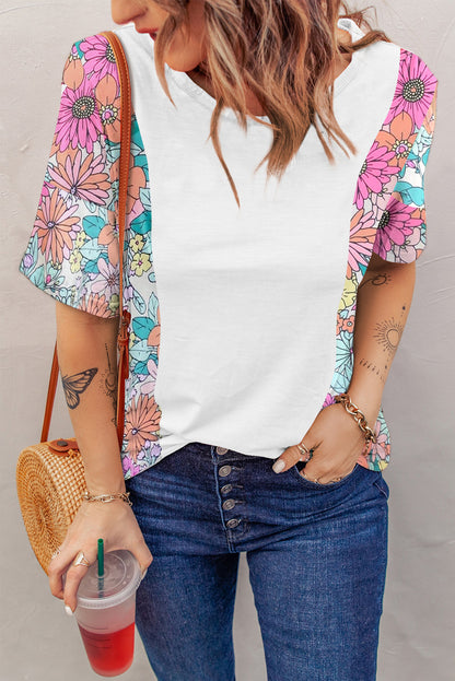 White Floral Print Patchwork Short Sleeve Top