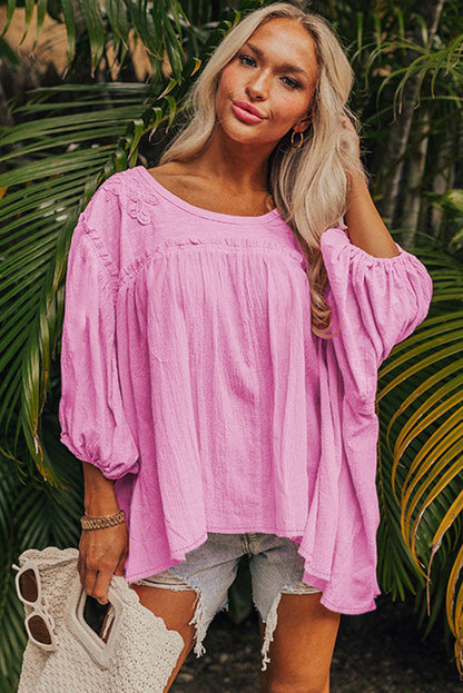 Pink Lace Accent Bracelet Sleeve Babydoll Blouse