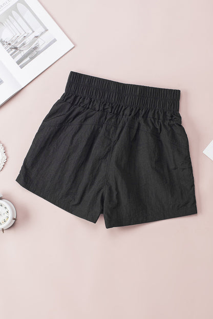 Black Elastic High Waist Side Pockets Shorts