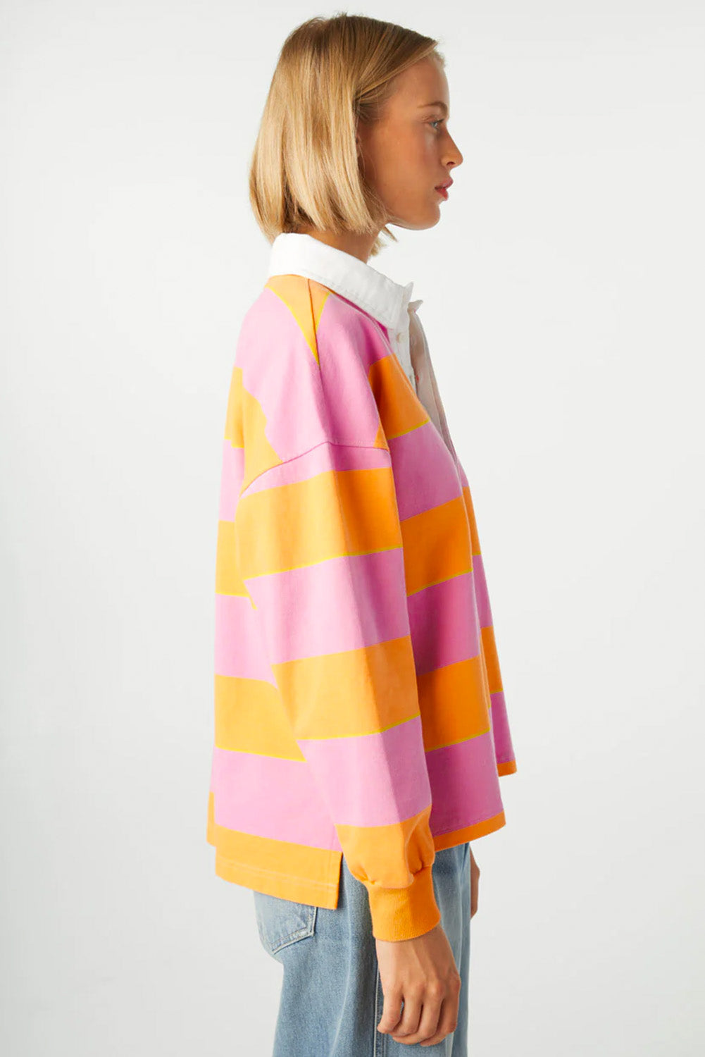 Yellow Stripe Color Block Polo Collar Sweatshirt