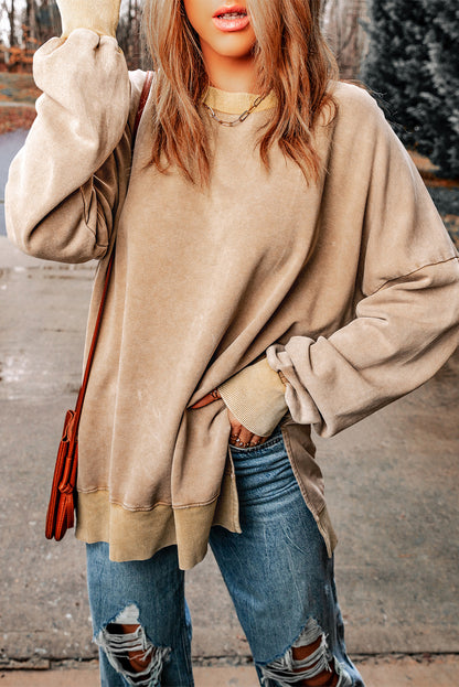 Khaki Drop Shoulder Ribbed Trim Oversized Sweatshirt