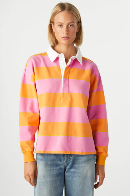 Yellow Stripe Color Block Polo Collar Sweatshirt