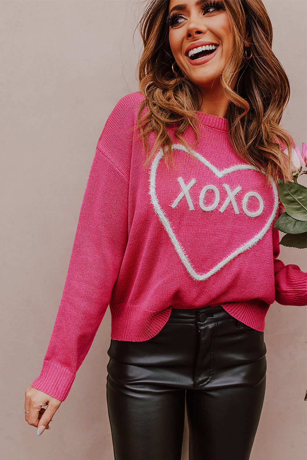 Rose Heart XOXO Pattern Drop Shoulder Rib Knit Sweater