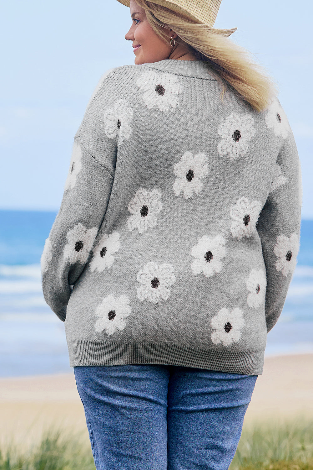 Gray Plus Size Embroidered Floral Pattern Half Zip Sweater