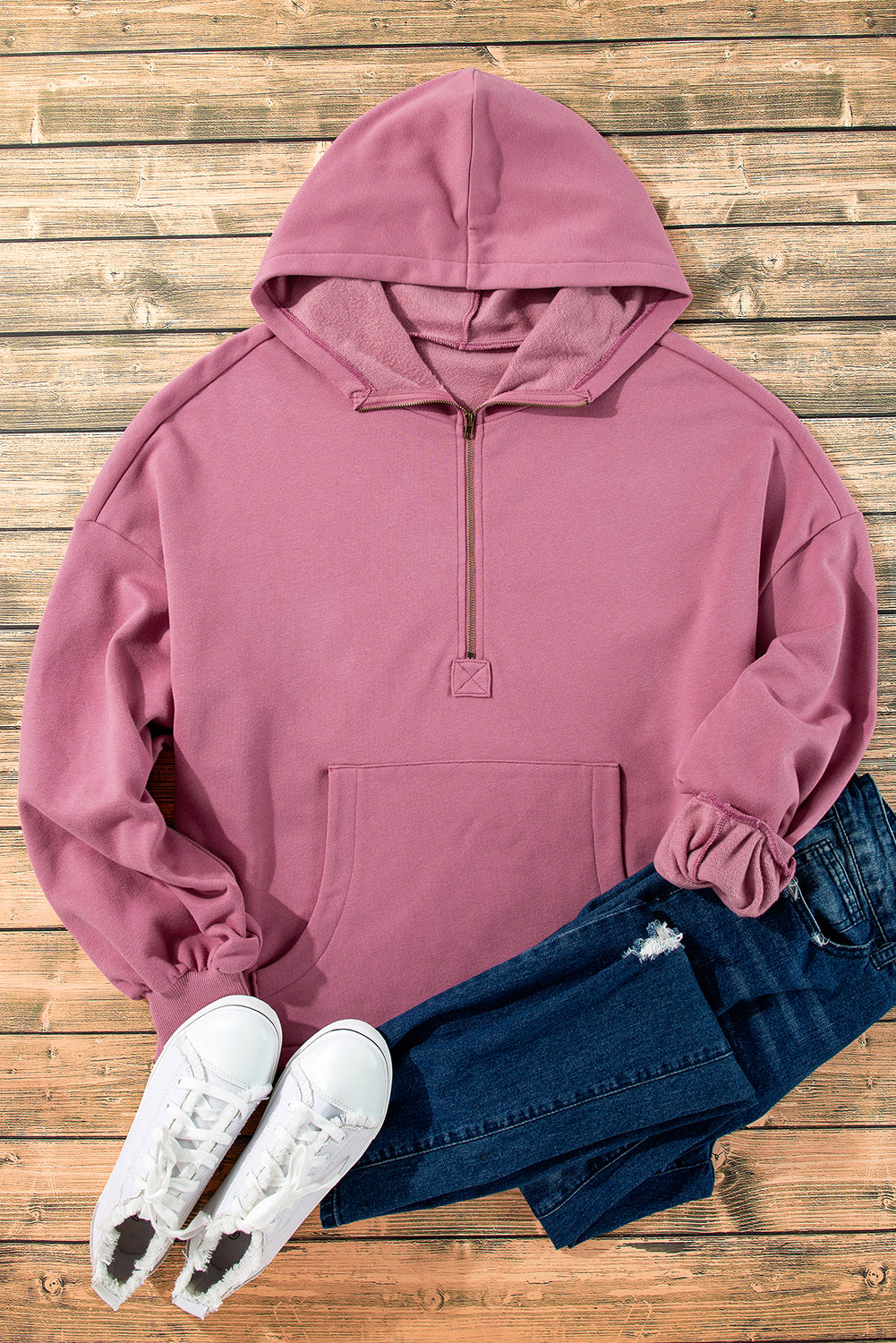 Valerian Fleece Lined Half Zipper Kangaroo Pockets Loose Hoodie