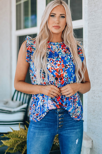 Blue Floral Print Tank Top with Ruffles