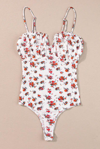 White Floral V Cut Frilled Trim Spaghetti Straps Bodysuit