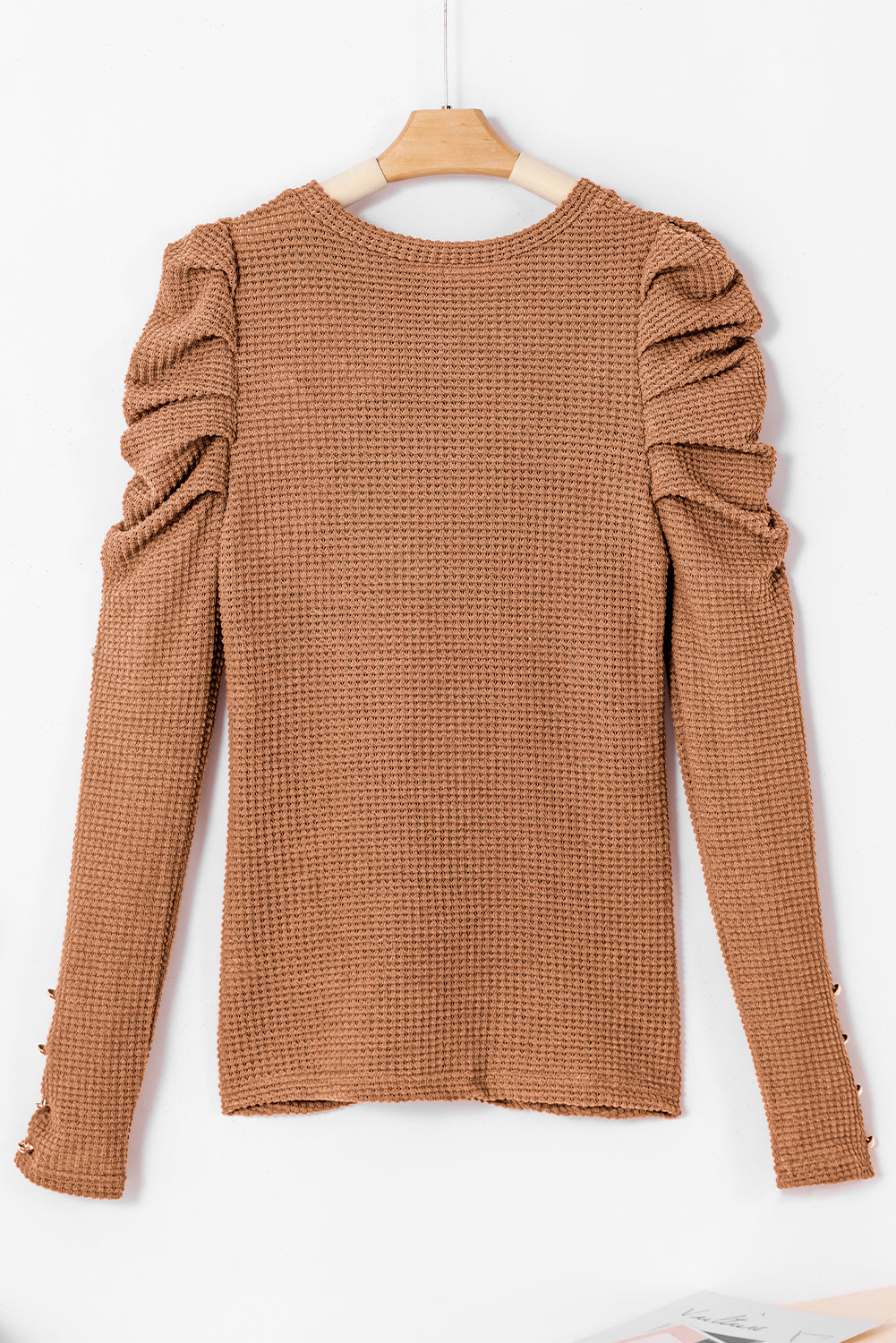 Chestnut Solid Color Textured Buttoned Gigot Sleeve Top