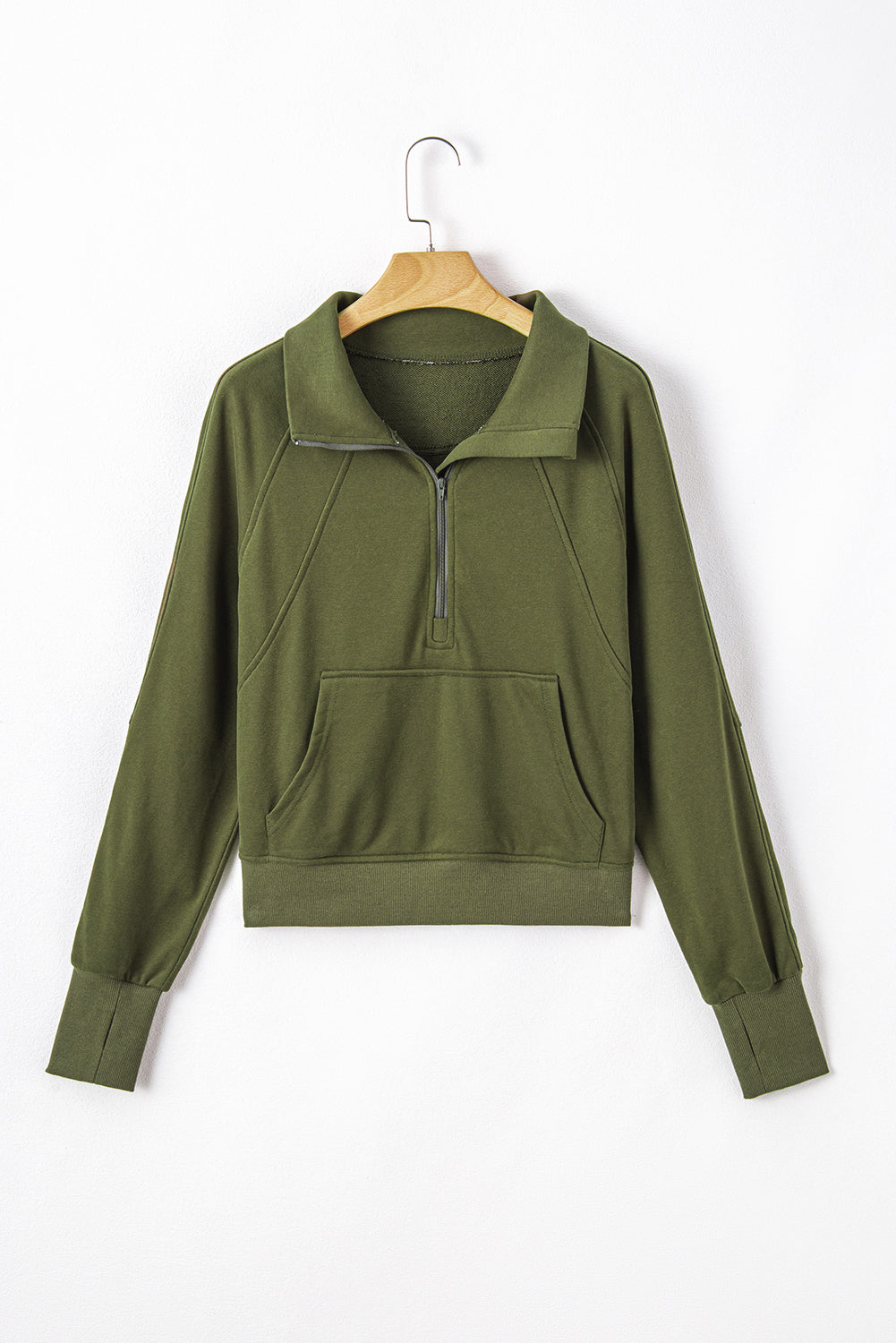 Moss Green Quarter Zip Stand Neck Kangaroo Pocket Sweatshirt