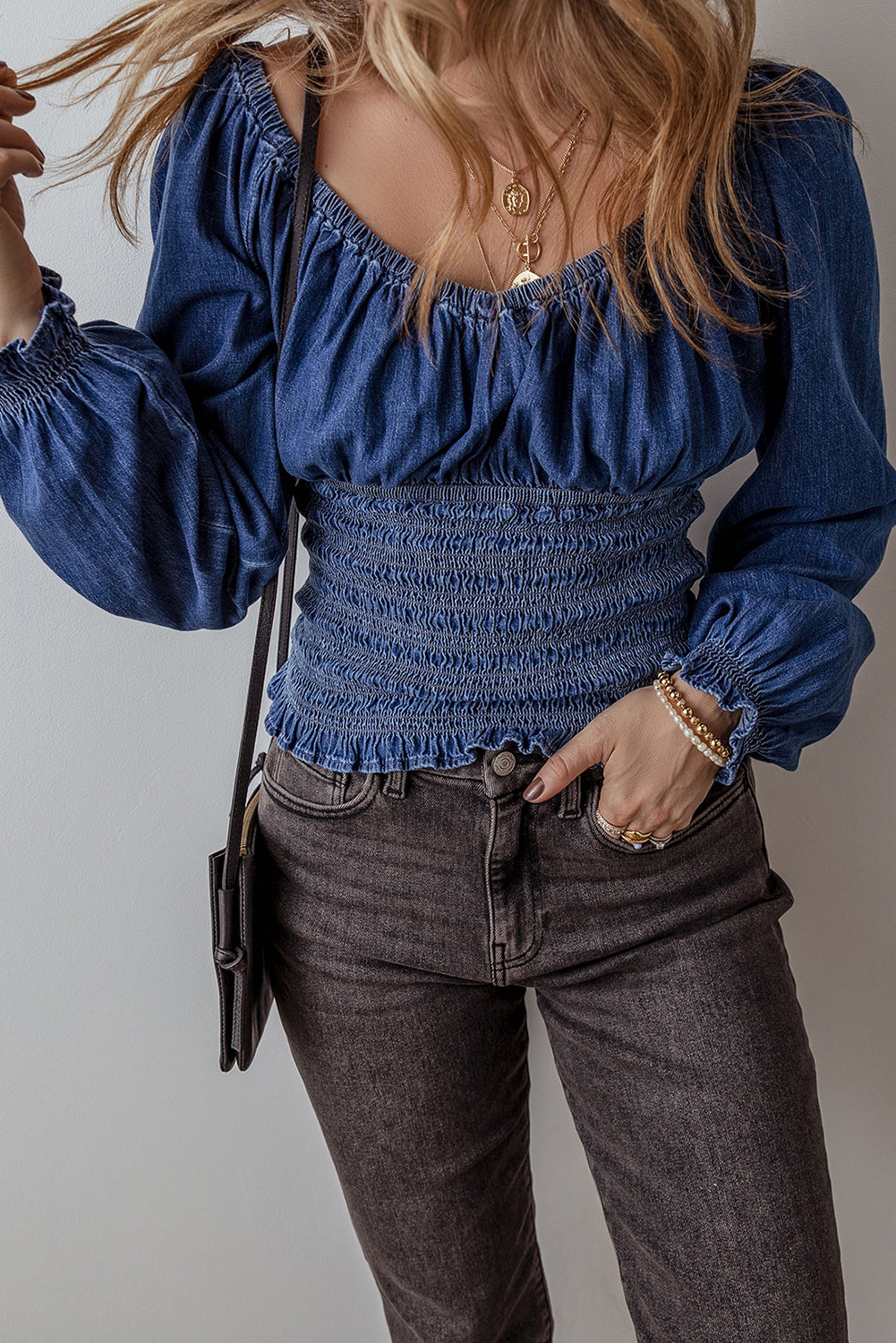 Dark Blue Smocked Ruffled Puff Sleeve V Neck Denim Blouse