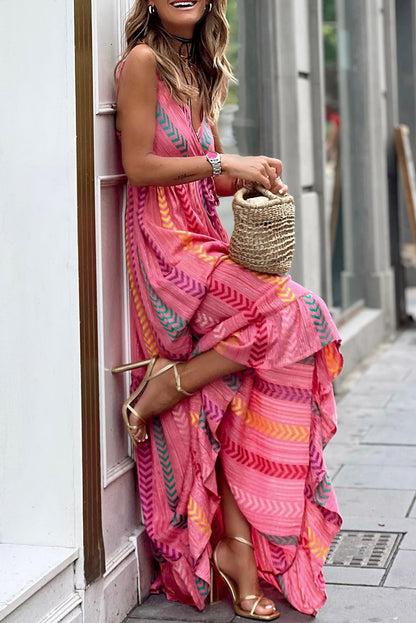 Pink Western Printed Tassel Tie V Neck Wrap Maxi Dress